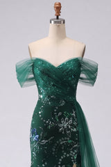 Off the Shoulder Sequin Ruched Dark Green A Line Prom Dress