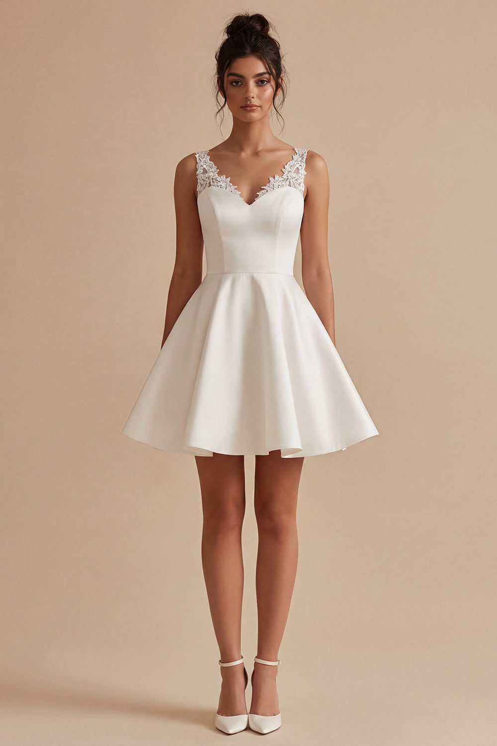 A Line Satin Appliqued V Neck Mini White Dress