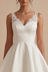 A Line Satin Appliqued V Neck Mini White Dress