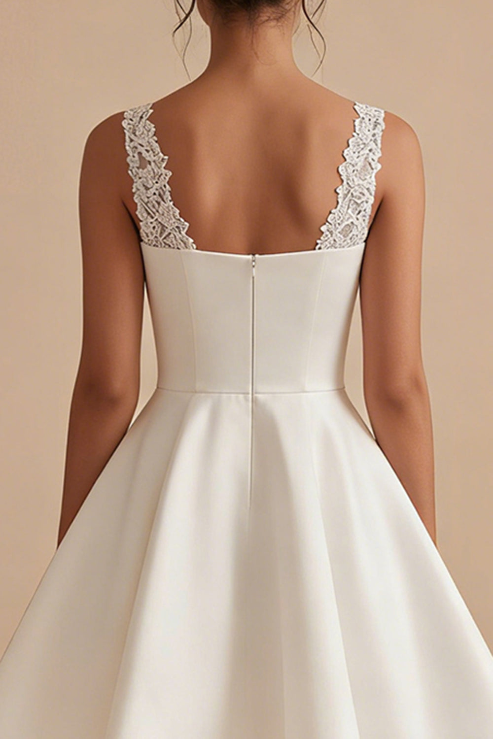 A Line Satin Appliqued V Neck Mini White Dress