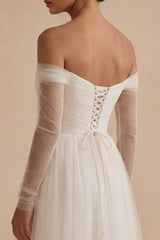Off the Shoulder Tulle A Line White Ruched Engagement Dress