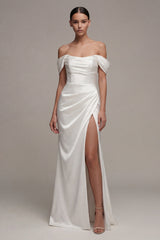 Off the Shoulder Satin Ruched White Engagement Dress