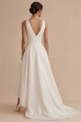 High Low Satin White V Neck Engagement Dress