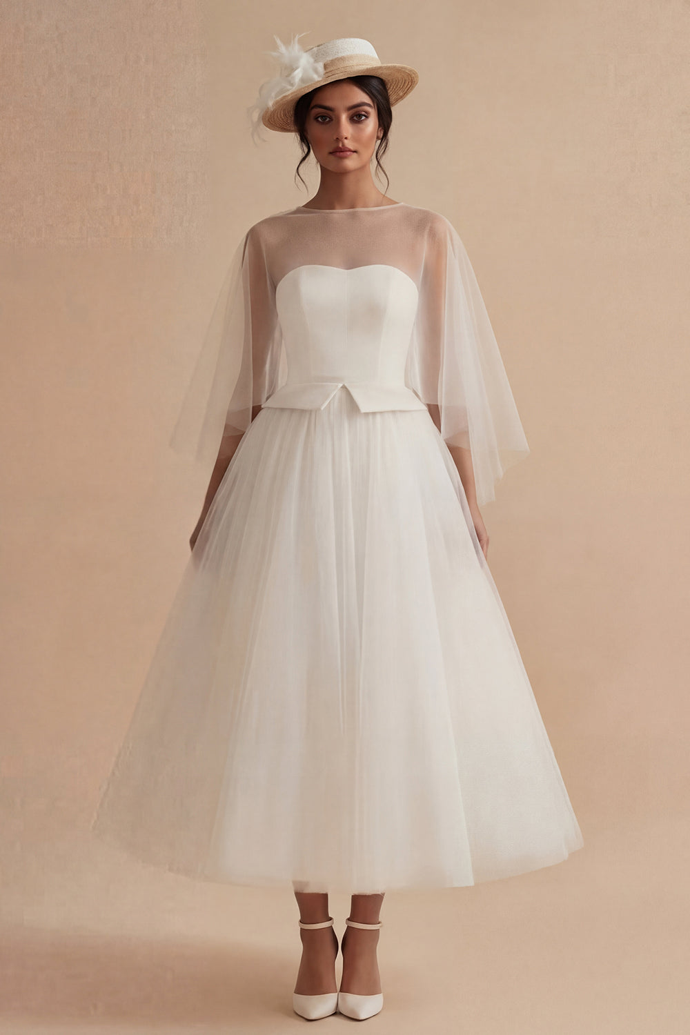 2 Piece White A Line Tulle Midi Engagement Dress