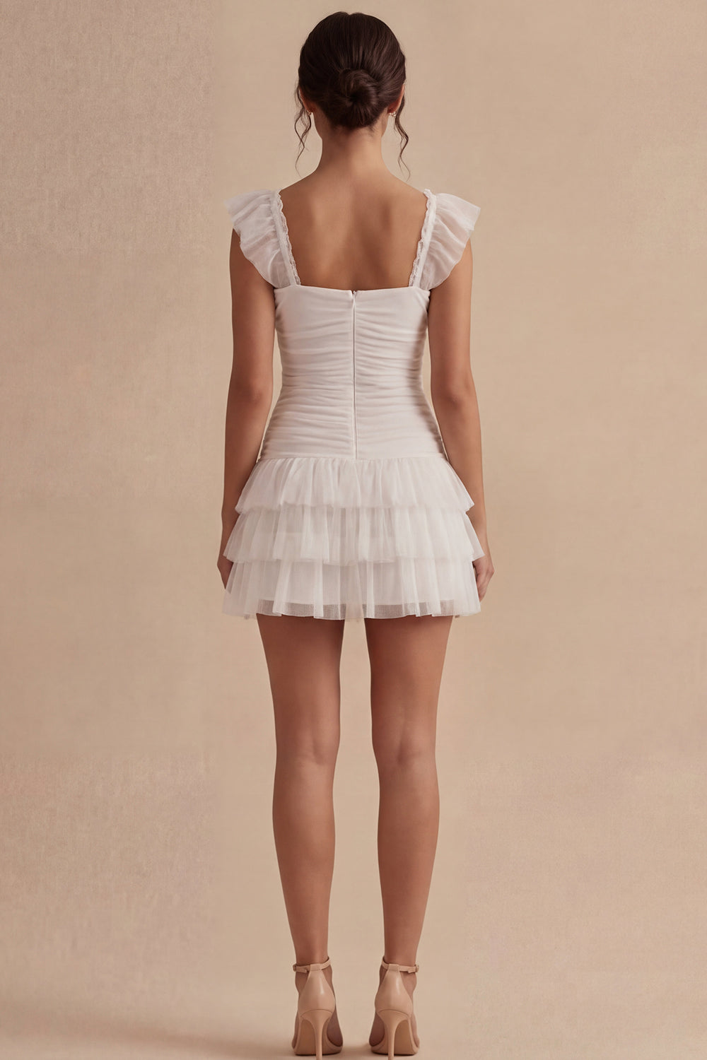 Tiered Square Neck Ruched Ruffled Mini White Dress