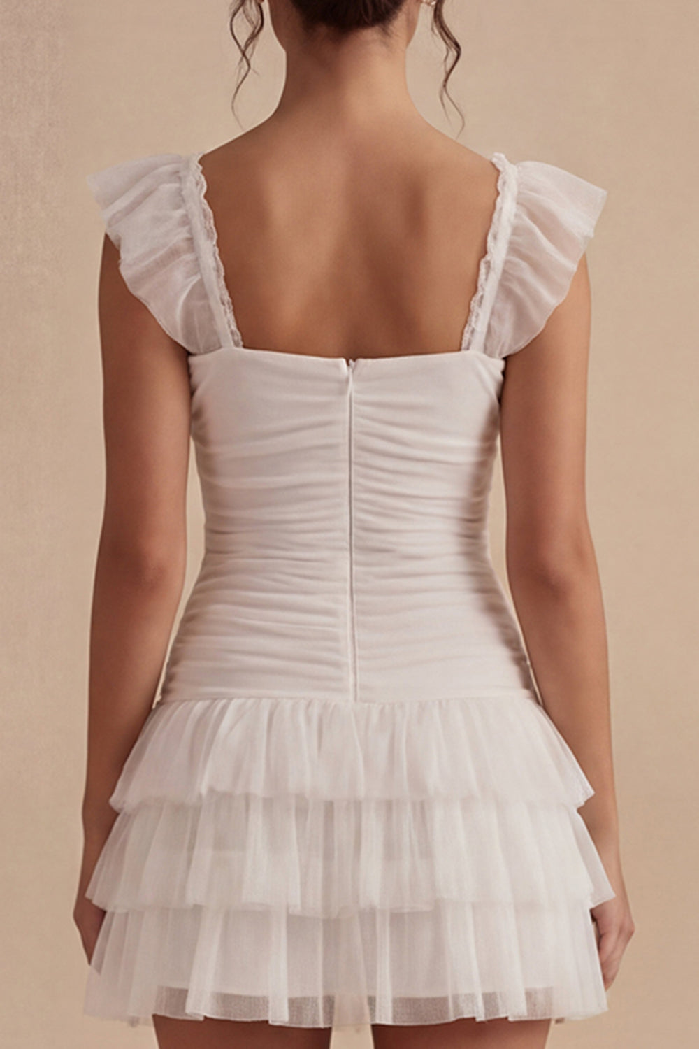 Tiered Square Neck Ruched Ruffled Mini White Dress