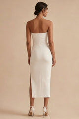 Strapless Bodycon Midi White Dress with Slit
