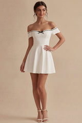Off the Shoulder A Line Bowed Mini White Dress