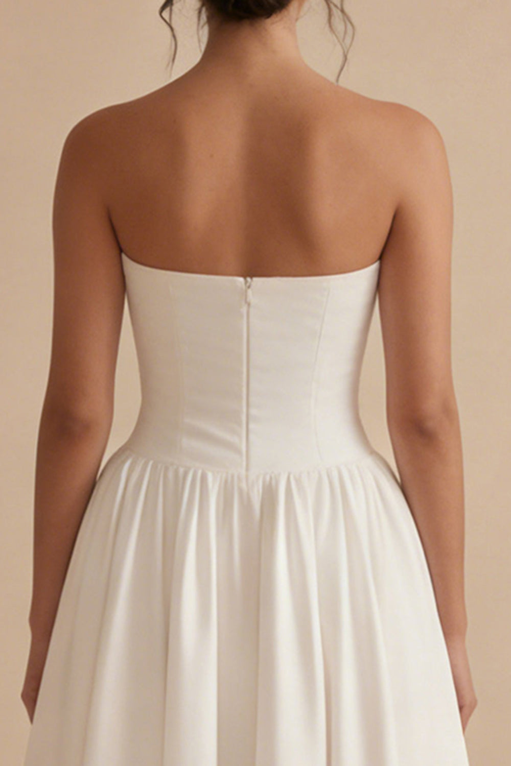 Strapless Satin A Line Pleated Midi White Dress