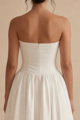 Strapless Satin A Line Pleated Midi White Dress
