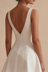 A Line Satin V Neck Mini White Dress