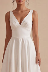 Satin V Neck A Line Midi White Dress