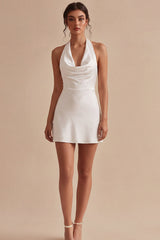 Halter Bodycon Satin Backless Mini White Dress