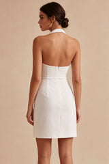 Halter Ruched Bodycon Mini White Dress