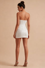 Sparkly Strapless Ruched Corset Bodycon Mini White Dress