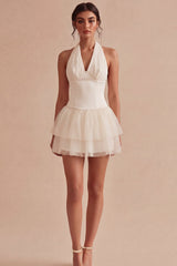 Halter Tiered Tulle Mini White Dress