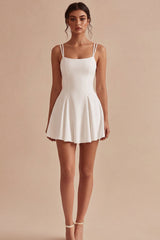 A Line Pleated Satin Mini White Dress