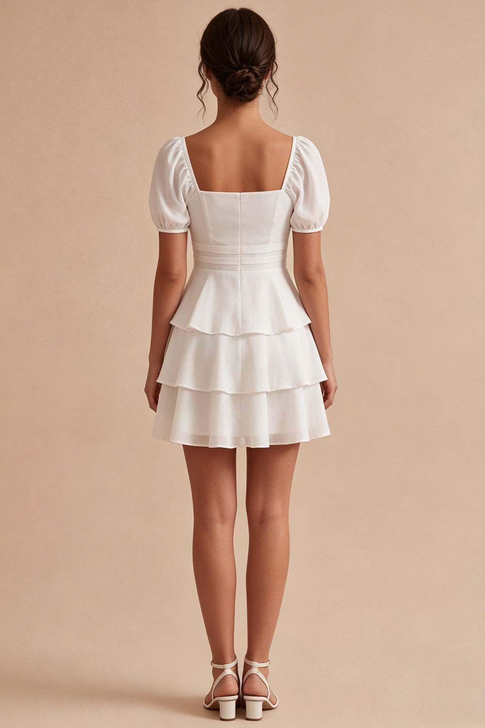 Tiered Square Neck Short Sleeve Mini White Dress