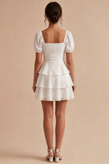 Tiered Square Neck Short Sleeve Mini White Dress