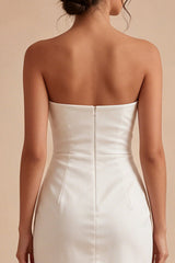 Strapless Ruched Satin Mini White Dress with Slit