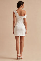 Asymmetrical Neck Ruched Satin Bodycon Mini White Dress