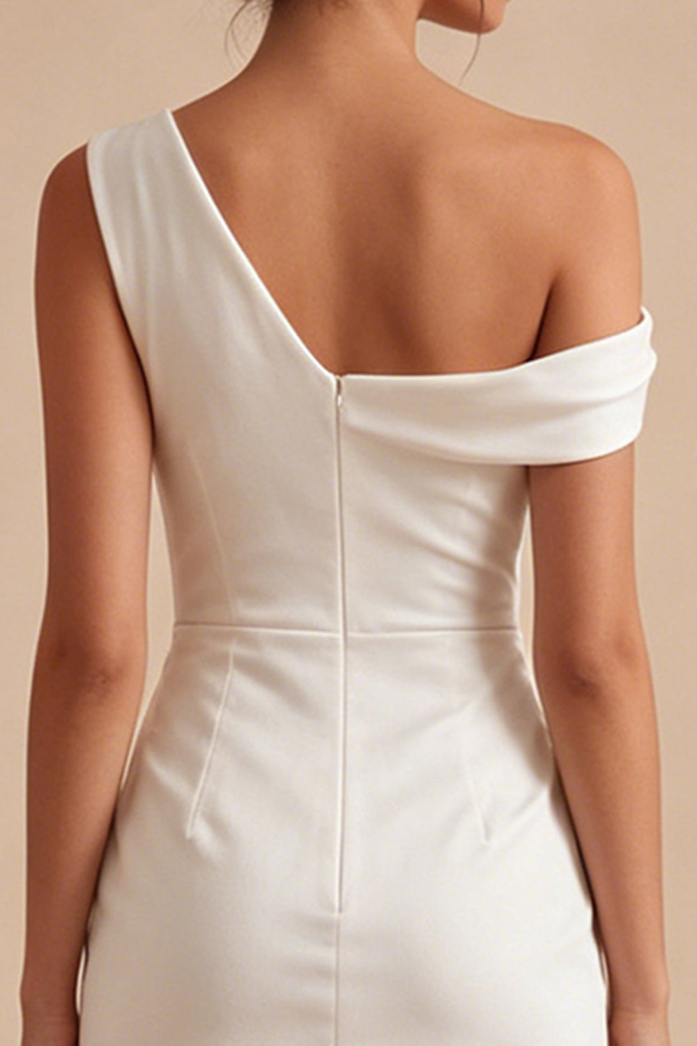 Asymmetrical Neck Ruched Satin Bodycon Mini White Dress