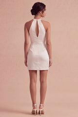 Halter Cut Out Ruched Satin Bodycon Mini White Dress