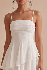 High Low Ruched A Line Ruffled Mini White Dress