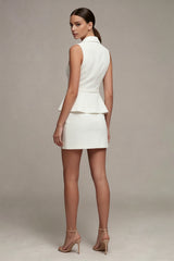 Notched Lapel White 2 Piece Work Dress with Belt
