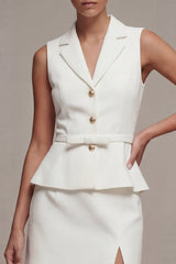 Notched Lapel White 2 Piece Work Dress with Belt