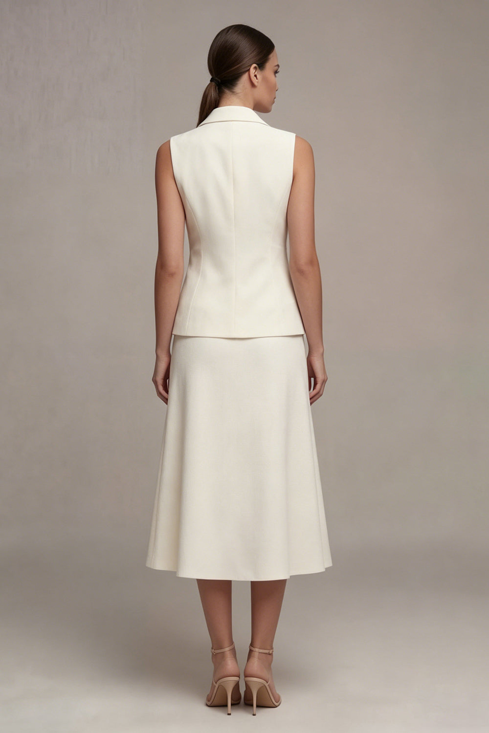 Ivory 2 Piece Notched Lapel A Line Midi Work Dress