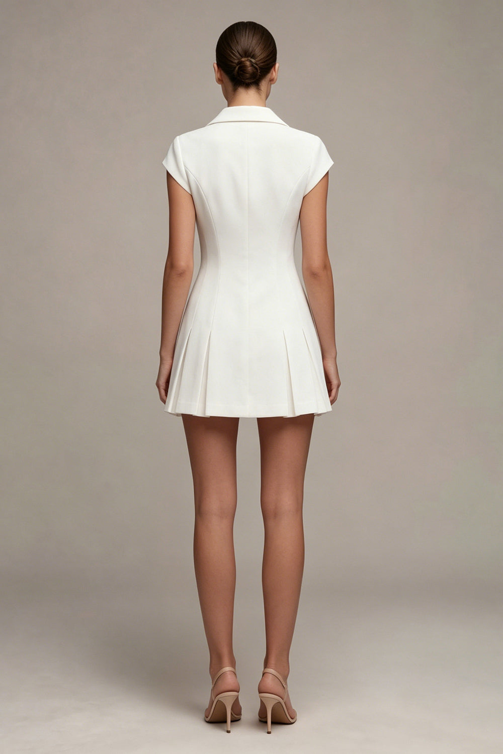 Notched Lapel A Line Pleated White Mini Work Dress