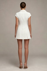 Notched Lapel A Line Pleated White Mini Work Dress