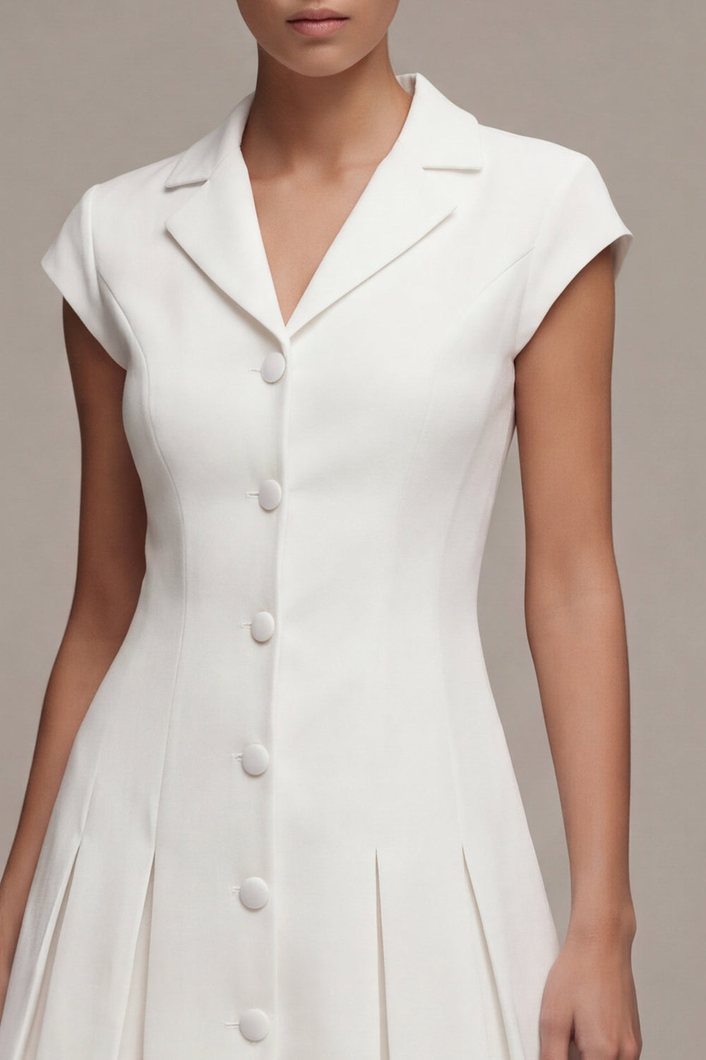 Notched Lapel A Line Pleated White Mini Work Dress