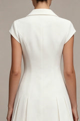 Notched Lapel A Line Pleated White Mini Work Dress