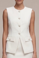 Round Neck White 2 Piece Bodycon Work Dress with Pearls