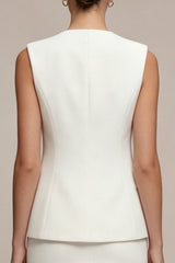 Round Neck White 2 Piece Bodycon Work Dress with Pearls