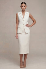 White Pearled Notched Lapel 2 Piece Bodycon Work Dress with Slit