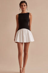 Black and White A Line Bateau Neck Sleeveless Mini Dress