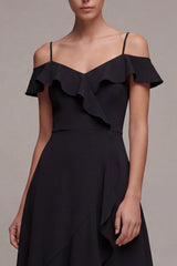 Cold Shoulder Black Ruffled A Line High Low Midi Dress