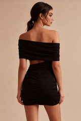 Off the Shoulder Ruched Black Cut Out Bodycon Mini Dress