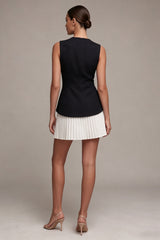 Black and White A Line Pleated Round Neck Mini Dress