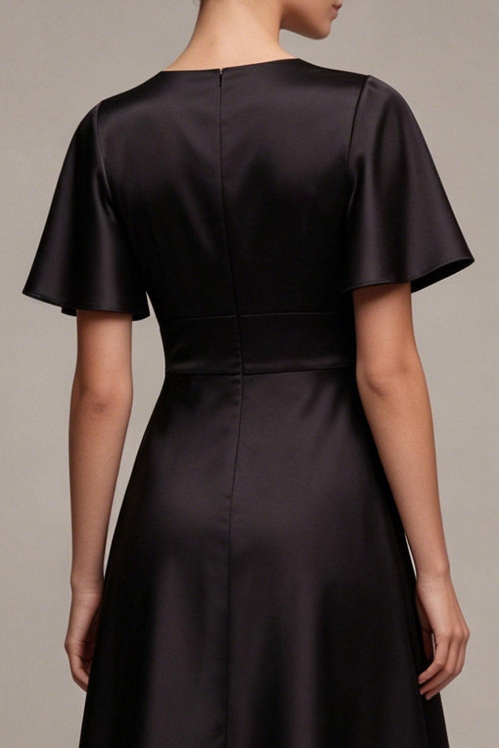 Black A Line Satin Short Sleeve Midi Dress