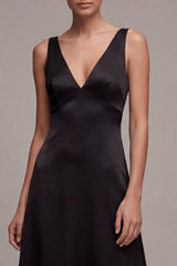 Black Satin A Line V Neck Midi Formal Dress