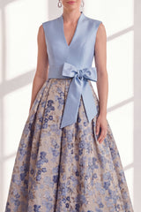 Blue Floral A Line Pleated Maxi Mother of the Bride Dress with Bow
