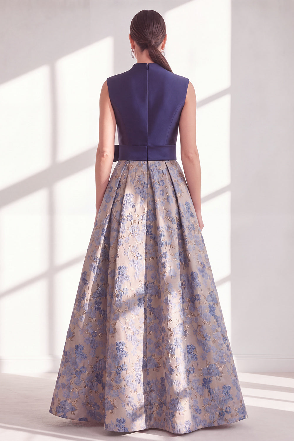 Blue Floral A Line Pleated Maxi Mother of the Bride Dress with Bow