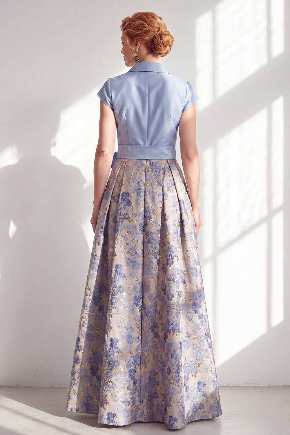 Navy Floral Notched Lapel A Line Mother of the Bride Dress with Bow
