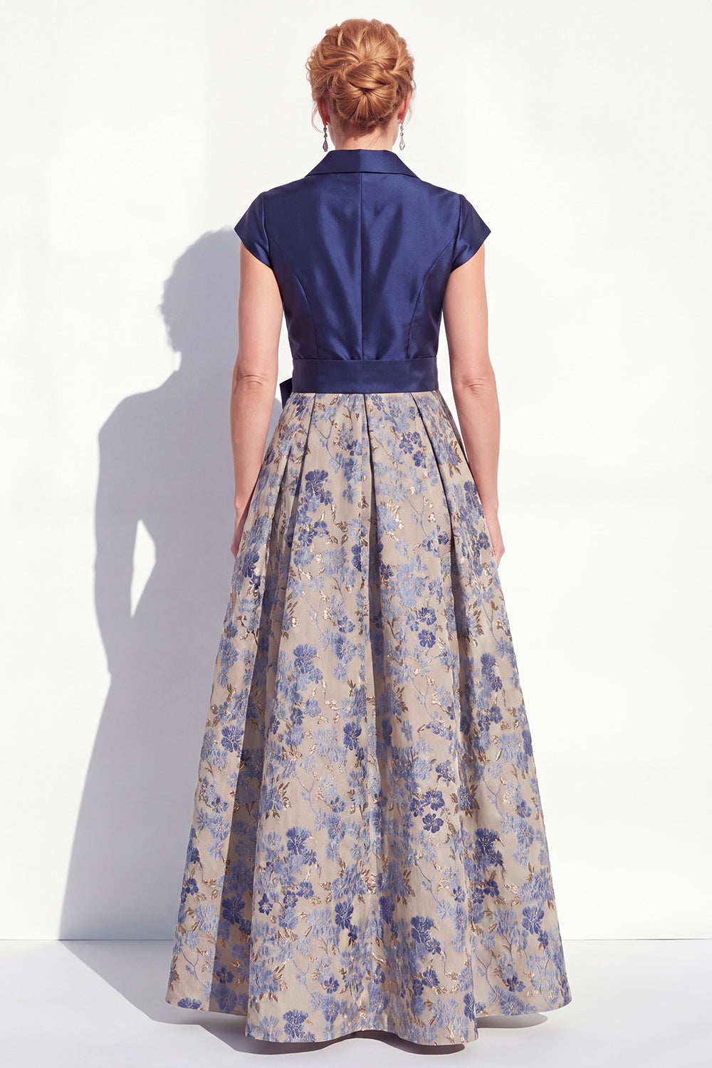 Navy Floral Notched Lapel A Line Mother of the Bride Dress with Bow