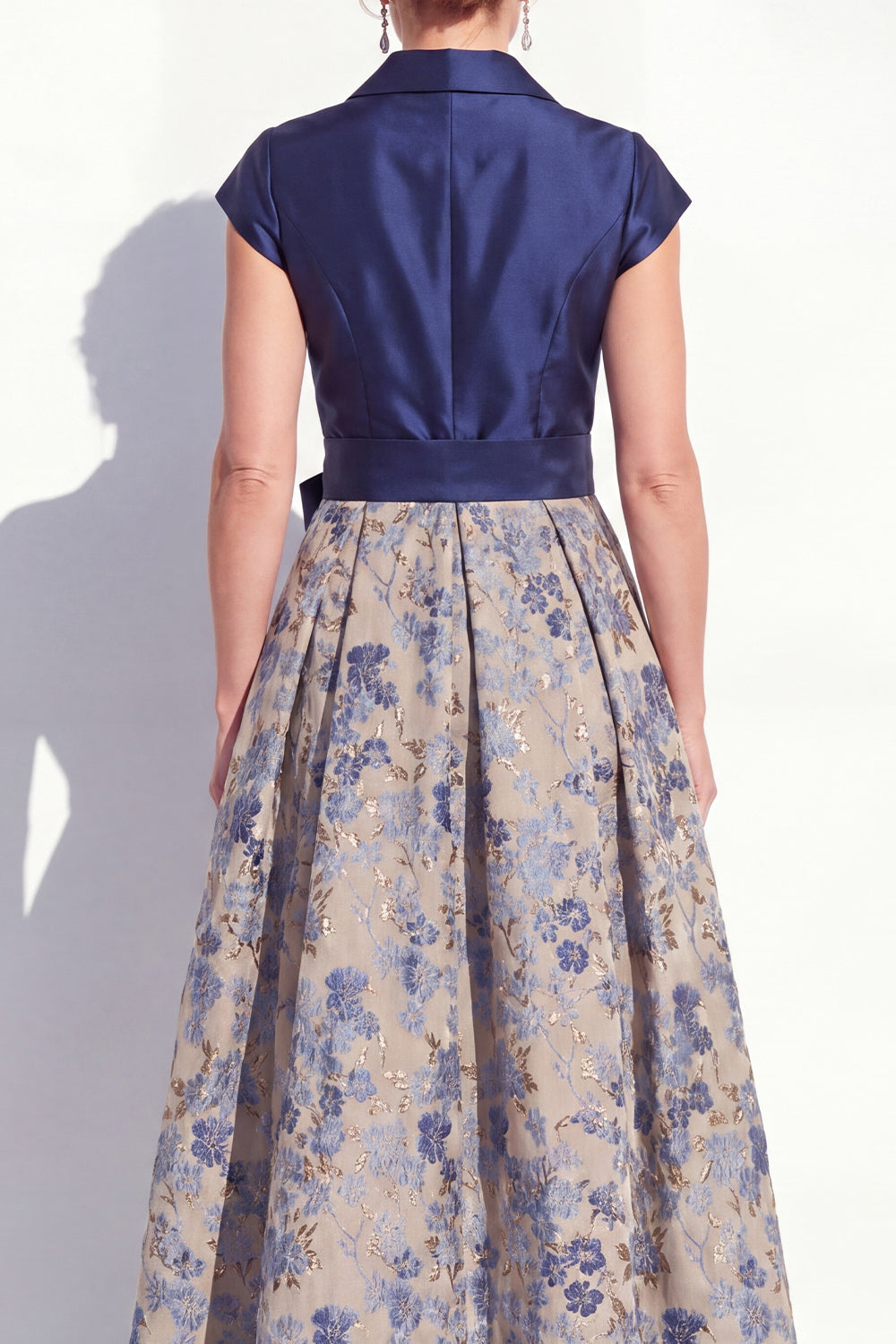 Navy Floral Notched Lapel A Line Mother of the Bride Dress with Bow