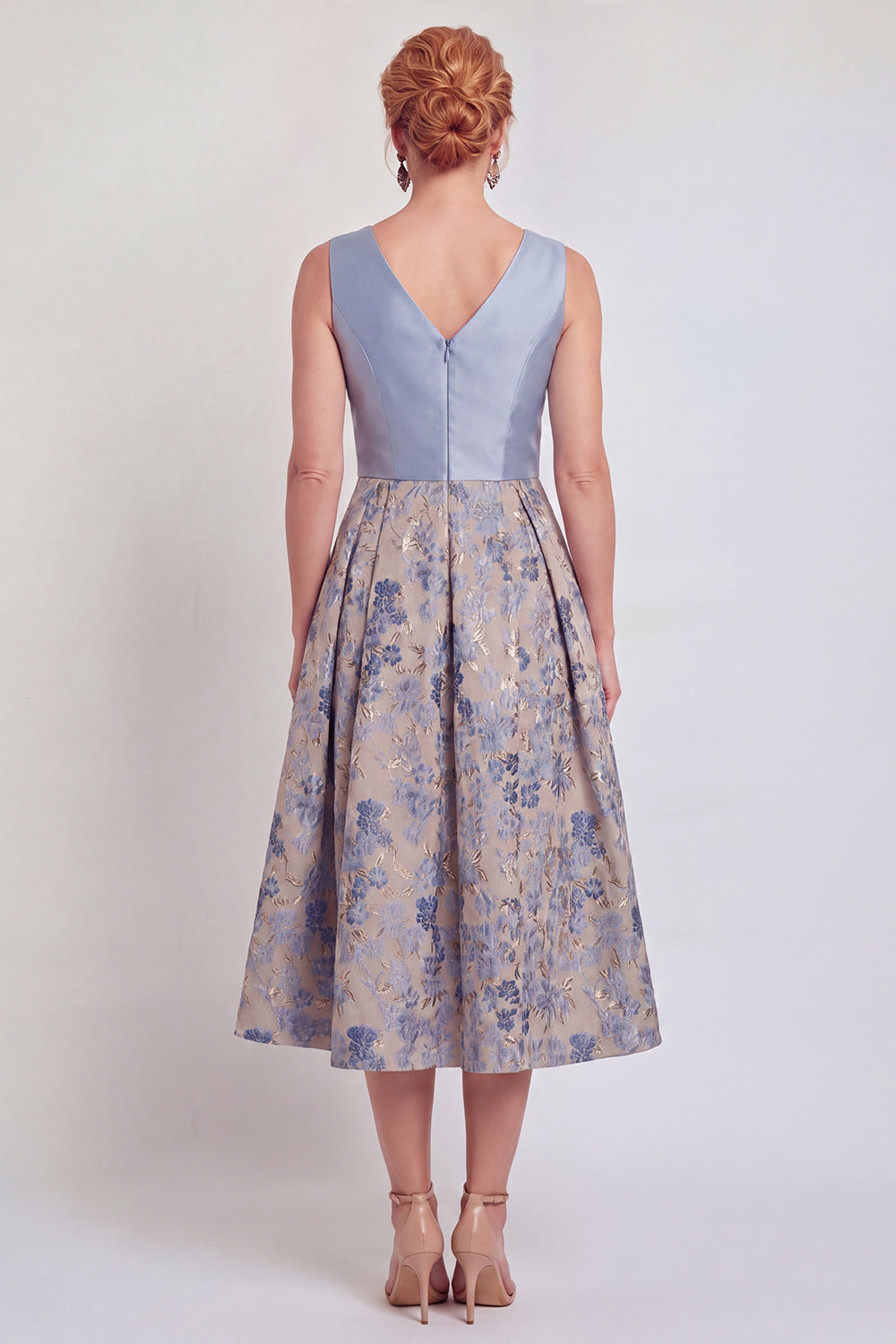 Jacquard Navy Floral A Line Pleated Mother of the Bride Dress